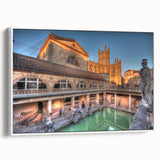 Vintage poster art of Bath, England on framed canvas, featuring colorful artwork against a black background.