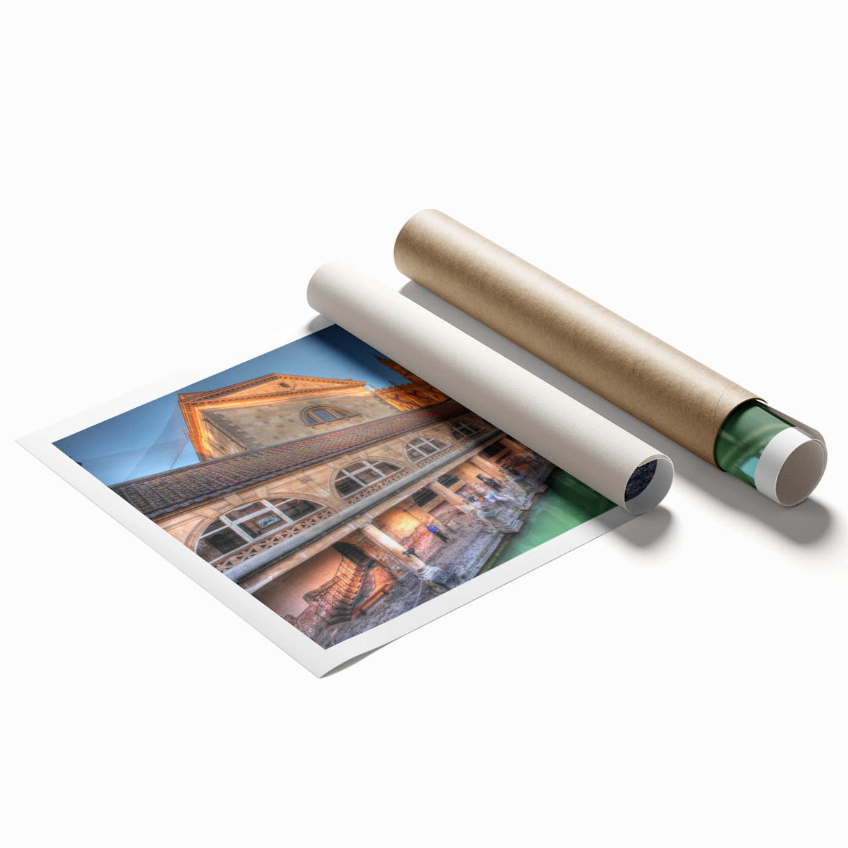 Rolled print of Bath, England scenery with floral accents in soft pastel colors, ideal for classy bathroom wall art.