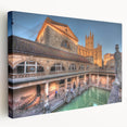 Large canvas print featuring a serene Bath, England cityscape in soft gray and blue tones, ideal for kitchen wall art.