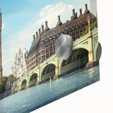 Large abstract depiction of Big Ben in muted earth tones on acrylic glass, ideal for dining room art.