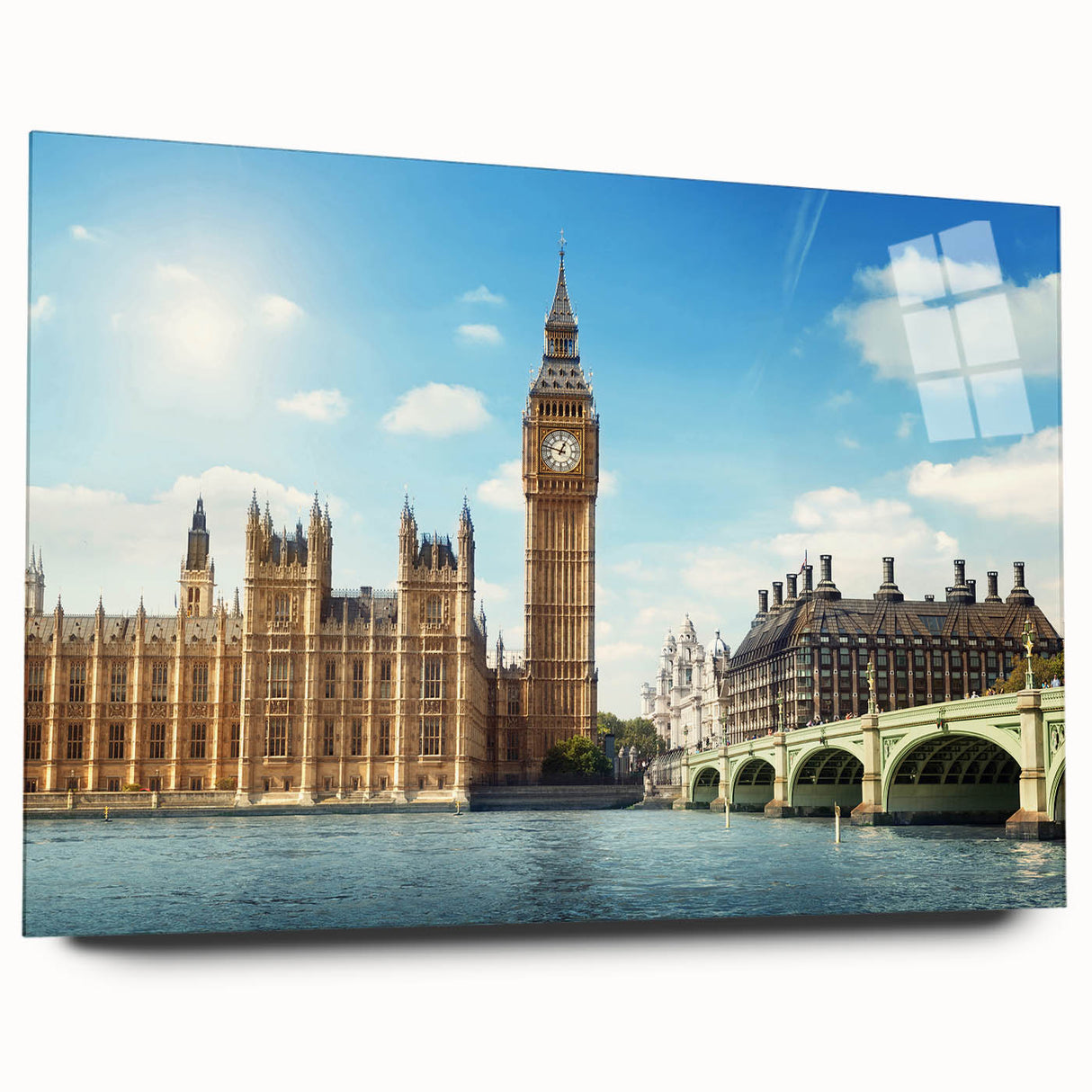 Acrylic print of Big Ben with muted gray and blue tones, ideal for bedroom or dining room art.