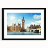 Abstract art print of Big Ben with vibrant, colorful textures on a large framed canvas, ideal for living room decor.