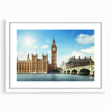 Textured art print of Big Ben with abstract elements in muted earth tones on a white framed mat.