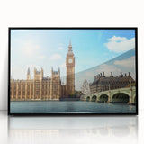 Large abstract wall art of the Big Ben in muted gray and blue tones on a framed acrylic.