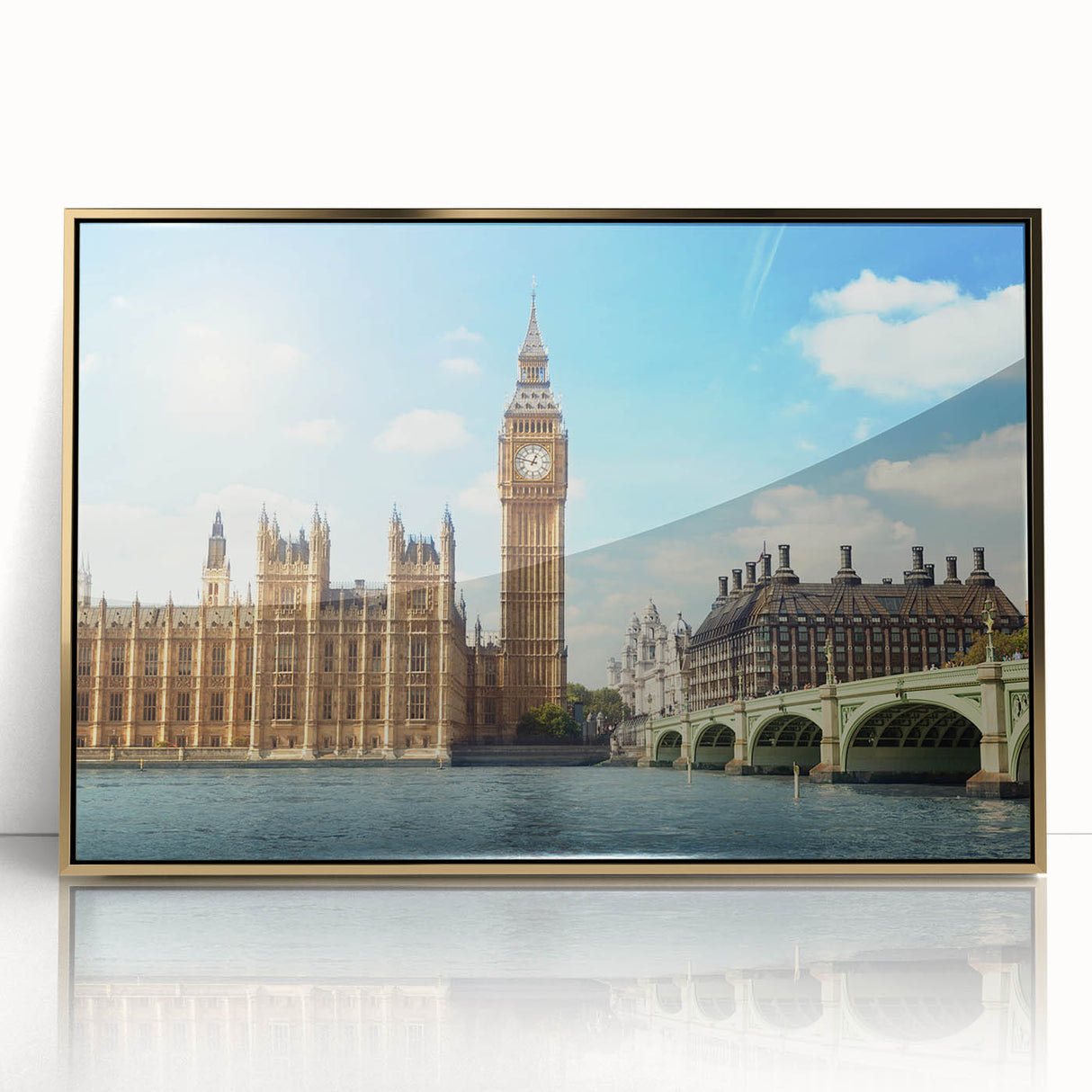 Acrylic print of Big Ben in gold and black tones, in art deco style, suitable for modern art wall decor.