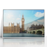 Mid-century modernist art of Big Ben with muted gray and blue tones on a framed acrylic, ideal for modern art wall decor.