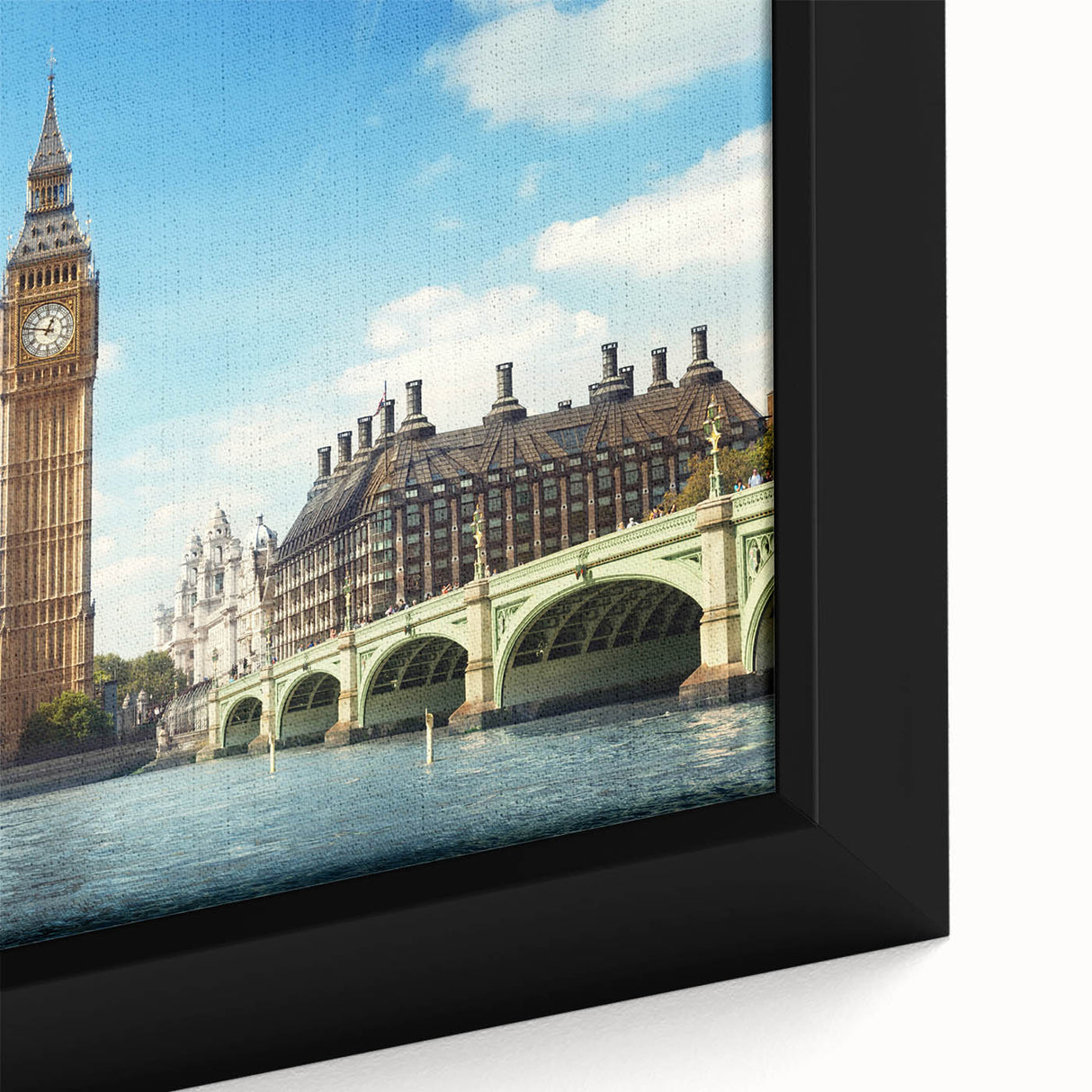 Close-up of extra large black wall art depicting Big Ben with colorful, textured brush strokes on framed canvas.