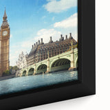 Close-up of extra large black wall art depicting Big Ben with colorful, textured brush strokes on framed canvas.