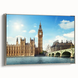 Framed canvas depicting a vintage-style landscape of Big Ben with silver edges, in muted black and colorful tones.