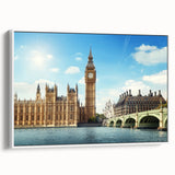 Vintage poster art of Big Ben with colorful accents on a large framed canvas, ideal for living room decor.