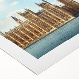 Art Deco poster of Big Ben with muted gray and blue tones on rolled canvas, suitable for dining room wall art.