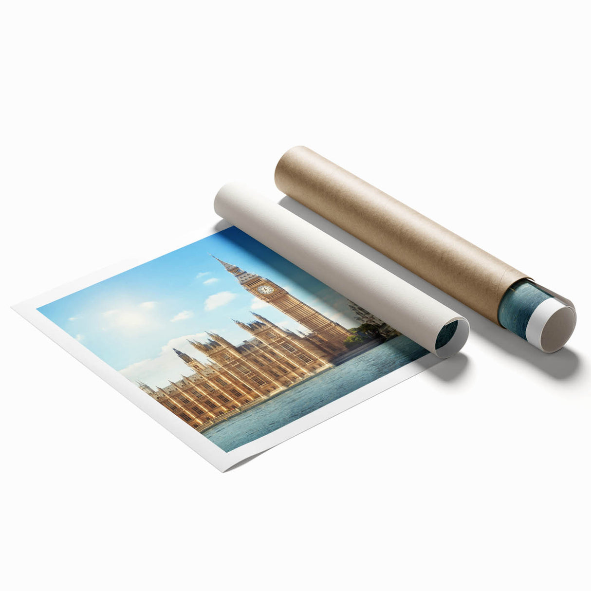 Extra large rolled print of Big Ben with floral accents in muted colors, ideal for classy bathroom wall art.