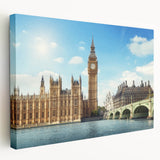Large art print of Big Ben and the London skyline on a stretched canvas, featuring muted gray and blue tones.