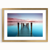 Abstract art print of Cumbria landscape in muted green and blue tones, framed in gold, suitable for dining room decor.