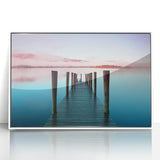 Mid-century modernist art depicting the Cumbrian landscape in muted green and blue tones, acrylic print framed in white.