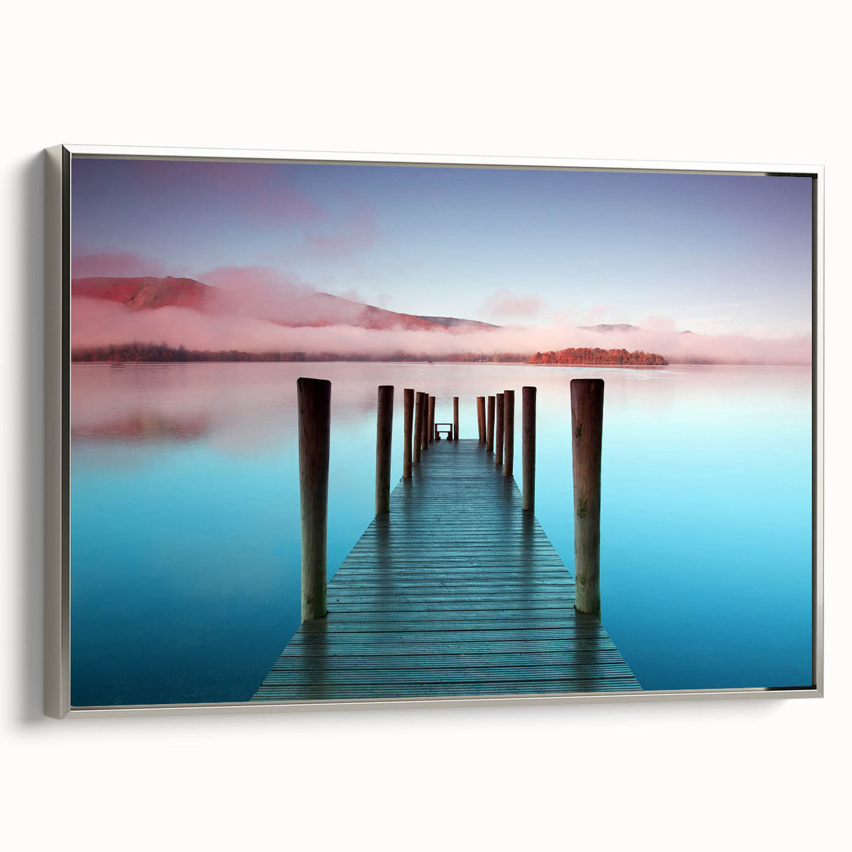 Framed canvas depicting a vintage-style landscape of Cumbria, England, with vibrant green hues and a black border.