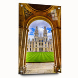 Acrylic print of Oxford scenery with soft blues and grays, perfect for dining room wall decor.