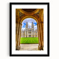 Colorful abstract art print of Oxford scenery in vibrant hues on textured canvas, framed in black.