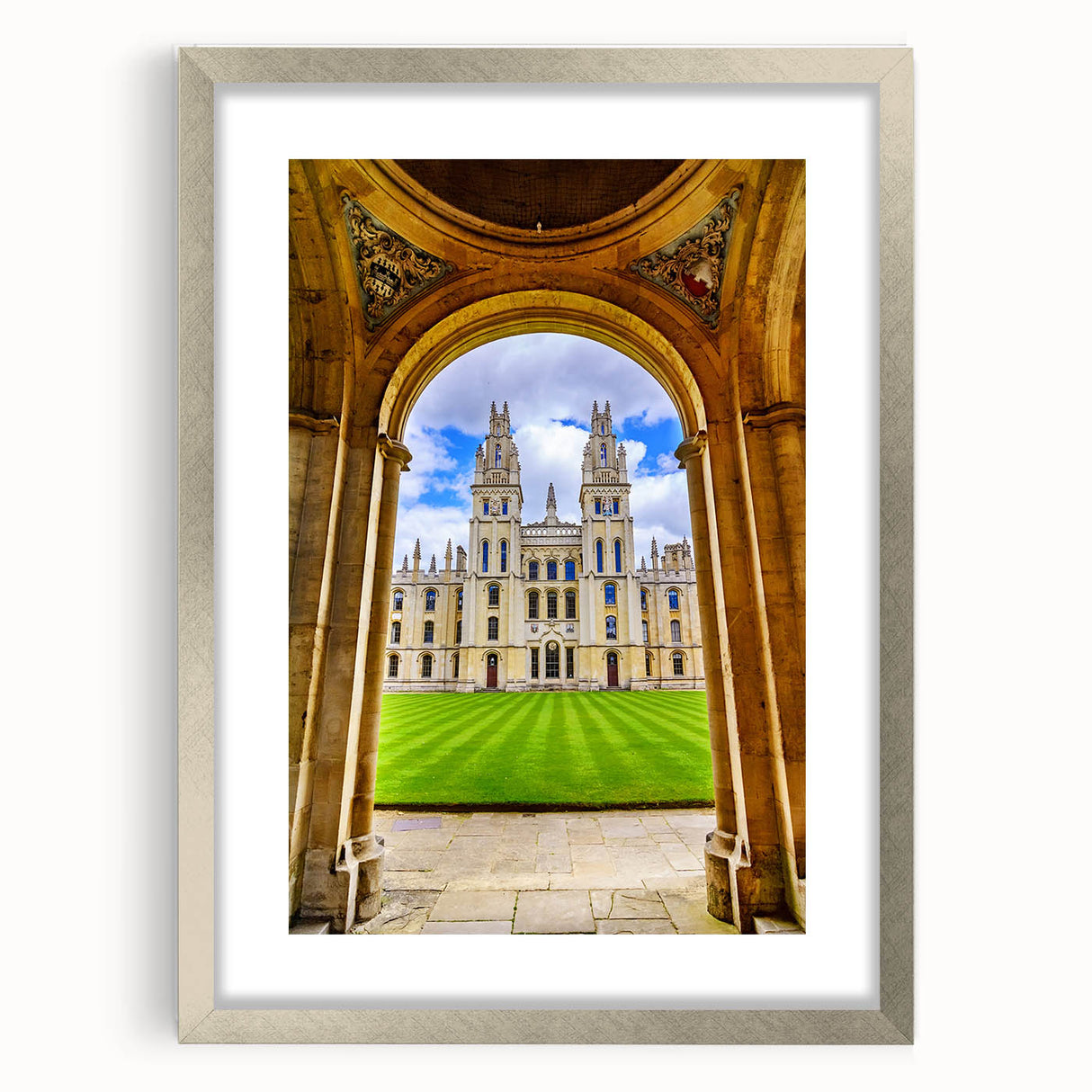 Extra large framed wall art depicting an abstract scene of Oxford, featuring textured silver hues.