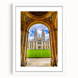 Textured art print of Oxford scenery in abstract style, featuring muted earth tones on a framed white mat.