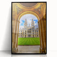 Large abstract wall art depicting Oxford scenery in mid-century modernist style, framed in black acrylic.