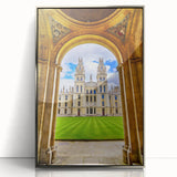 Large art print of Oxford scenery in muted earth tones on a silver-framed acrylic, suitable for modern art wall decor.
