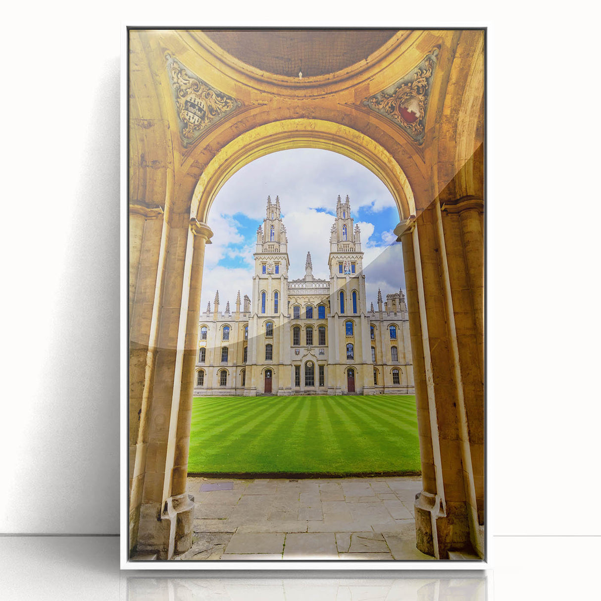 Mid-century modernist art depicting Oxford scenery in muted earth tones on a framed acrylic, ideal for nursery wall art.
