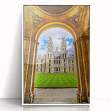 Mid-century modernist art depicting Oxford scenery in muted earth tones on a framed acrylic, ideal for nursery wall art.