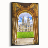 Black and white vintage poster art of Oxford landscape on framed canvas, ideal for bedroom decor.