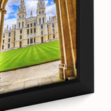 Textured black wall art depicting a vibrant Oxford, England scenery on a framed canvas, suitable for enhancing a living room.