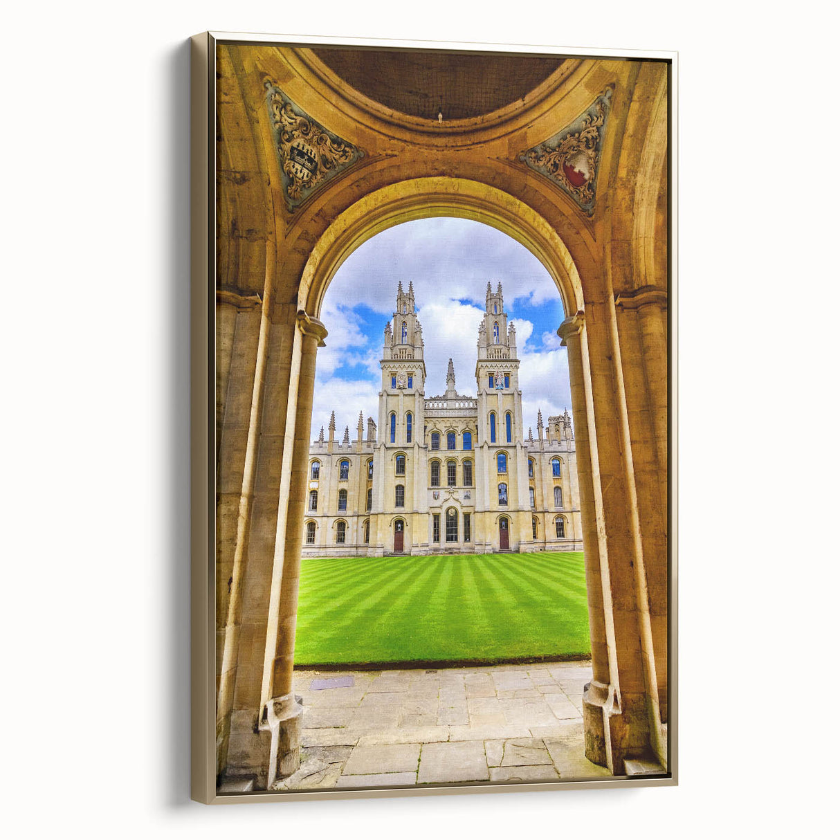 Framed canvas of a vintage-style Oxford landscape in muted gold and black tones, ideal for bedroom wall art.