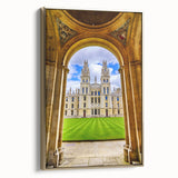 Framed canvas of a vintage-style Oxford landscape in muted gold and black tones, ideal for bedroom wall art.