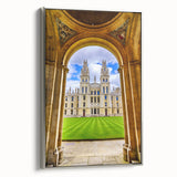 Landscape art painting of Oxford skyline on framed canvas, featuring muted earth tones and vintage poster style.