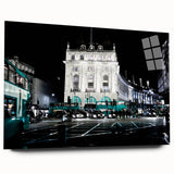 Large abstract wall art of Piccadilly, England in muted colors on acrylic glass, ideal for bedroom or dining room decor.