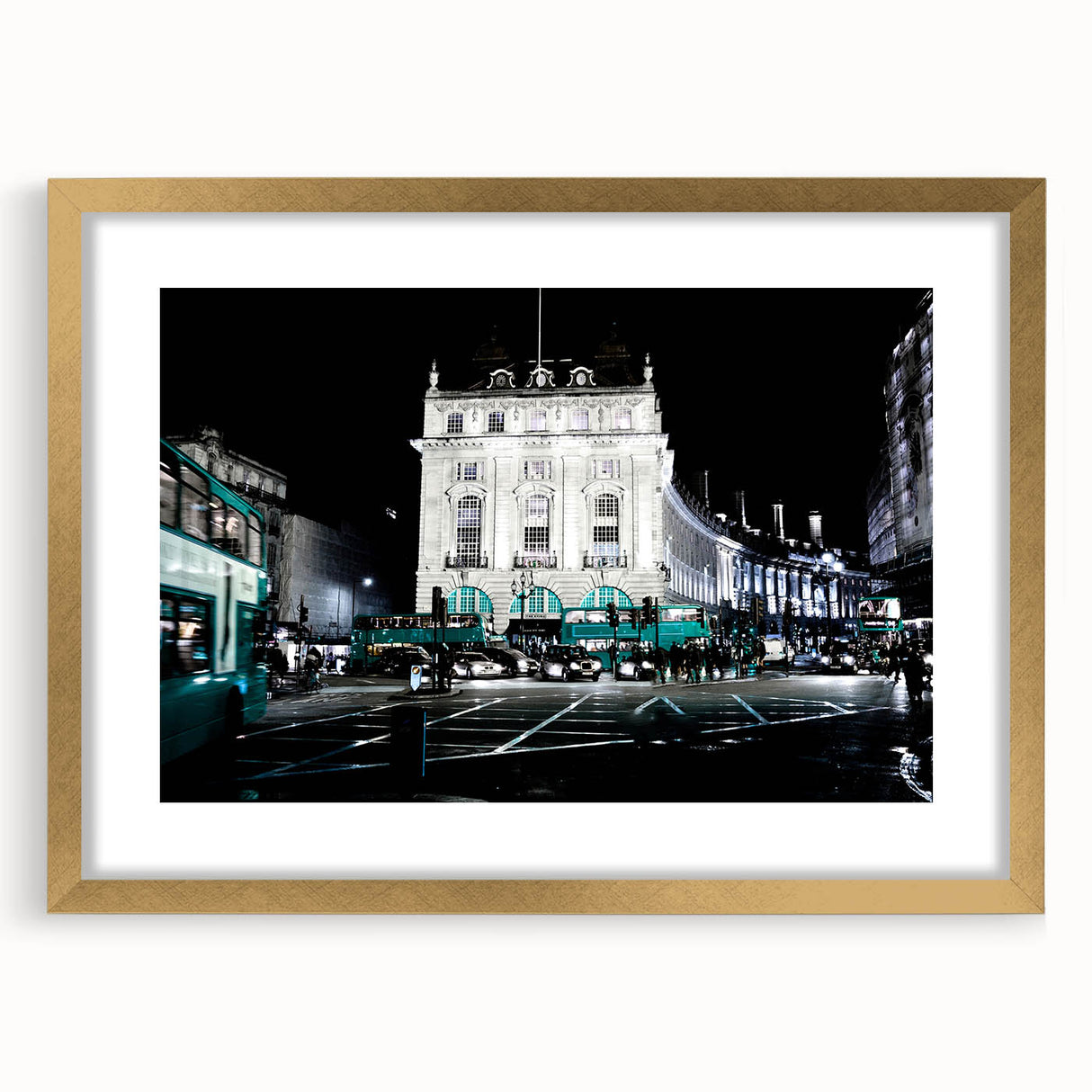Abstract art print of Piccadilly, England in muted gold and gray tones on a framed canvas, ideal for dining room decor.