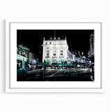 Textured abstract art print of Piccadilly, England in muted colors on a framed white mat, ideal for bedroom art.
