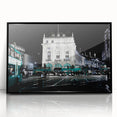 Large abstract wall art of Piccadilly, England in muted gray and blue tones on framed acrylic.