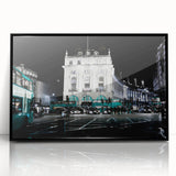 Large abstract wall art of Piccadilly, England in muted gray and blue tones on framed acrylic.