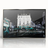 Mid-century modernist acrylic print of Piccadilly, England in silver frame, ideal for modern art wall decor.