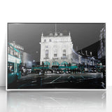 Mid-century modernist art depicting Piccadilly, England in muted colors on a white framed acrylic.