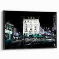 Black and white vintage poster art of Piccadilly, England landscape on framed canvas, suitable for bedroom wall decor.