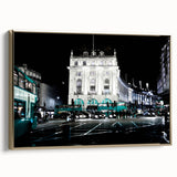 Framed canvas featuring a vintage-style landscape of Piccadilly, England in muted gold and black tones.