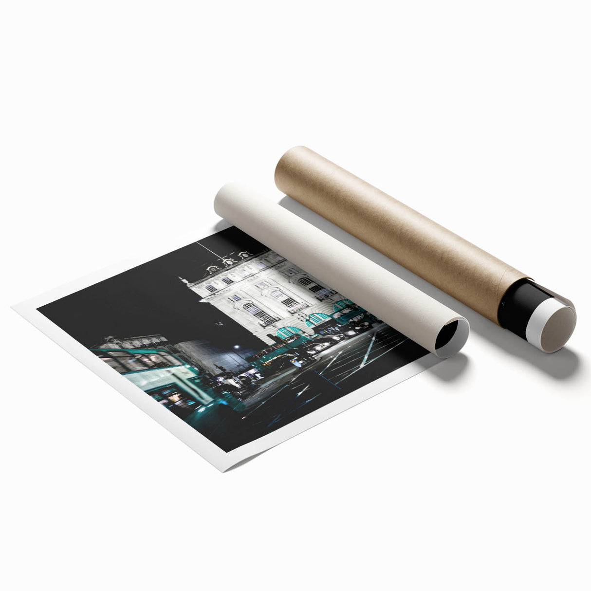 Extra large rolled print of Piccadilly, England, featuring muted floral motifs, ideal for classy bathroom wall art.