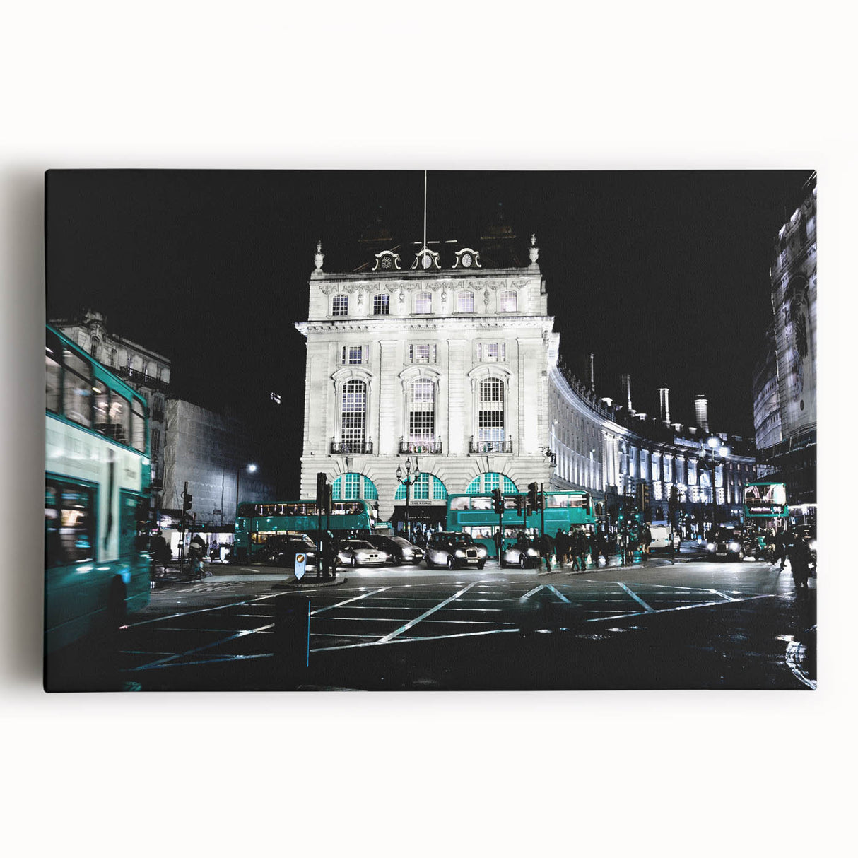 Black and white large art print of Piccadilly, England on stretched canvas, suitable for kitchen or bedroom wall decor.