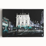Black and white large art print of Piccadilly, England on stretched canvas, suitable for kitchen or bedroom wall decor.