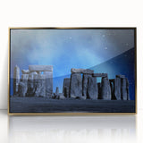 Acrylic print of Stonehenge in muted earth tones, framed in gold, suitable for modern art wall decor.