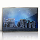 Framed acrylic print of Stonehenge in muted earth tones, ideal for modern art wall decor.