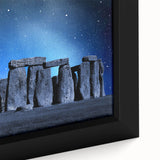 Close-up of a black framed canvas depicting Stonehenge in textured, colorful art, ideal for living room decor.