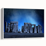 Vintage poster art of Stonehenge on a framed canvas, featuring muted earth tones, ideal for living room decor.