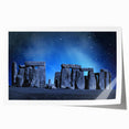 Stonehenge scene in soft gray and green tones on a rolled print, suitable as art wall dining room.